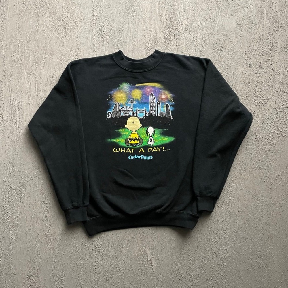 Vintage Snoopy Charlie Brown Cedar Point Sweatshirt Youth XL Black 90s CedarFair